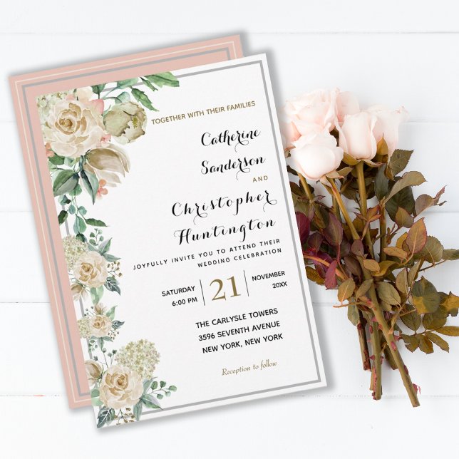 Elegant Watercolor Floral Botanical Wedding  Invitation (ELEGANT WATERCOLOR CREME FLORAL ROSES WEDDING INVITATION
)