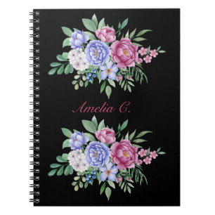 Elegant Watercolor Floral Bouquet Black Notebook