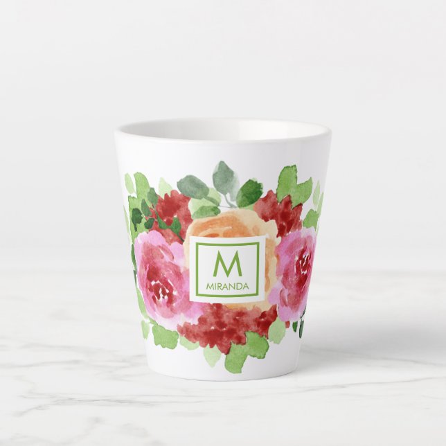 Elegant Watercolor Floral Bouquet Monogram Latte Mug (Front)