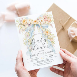 Elegant Watercolor Floral Bow Baby Shower Invitation
