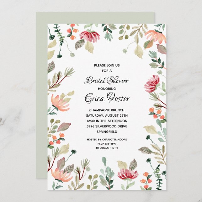 Elegant Watercolor Floral Bridal Shower Invitation (Front/Back)