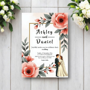 Elegant Watercolor Floral Bride And Groom Wedding Invitation