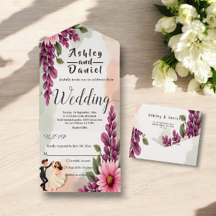 Elegant Watercolor Floral Bride Groom Chic Wedding All In One Invitation