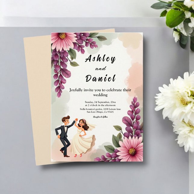 Elegant Watercolor Floral Bride Groom Chic Wedding Invitation (Creator Uploaded)
