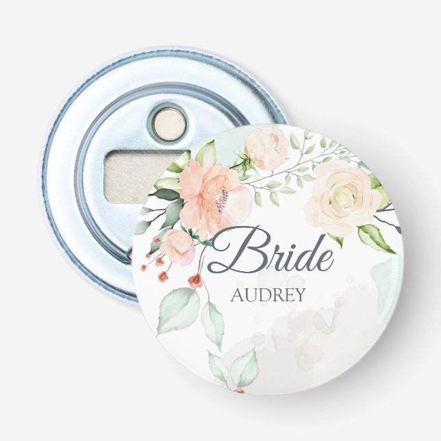 Elegant Watercolor Floral Bride Personalised Bottle Opener (Front)
