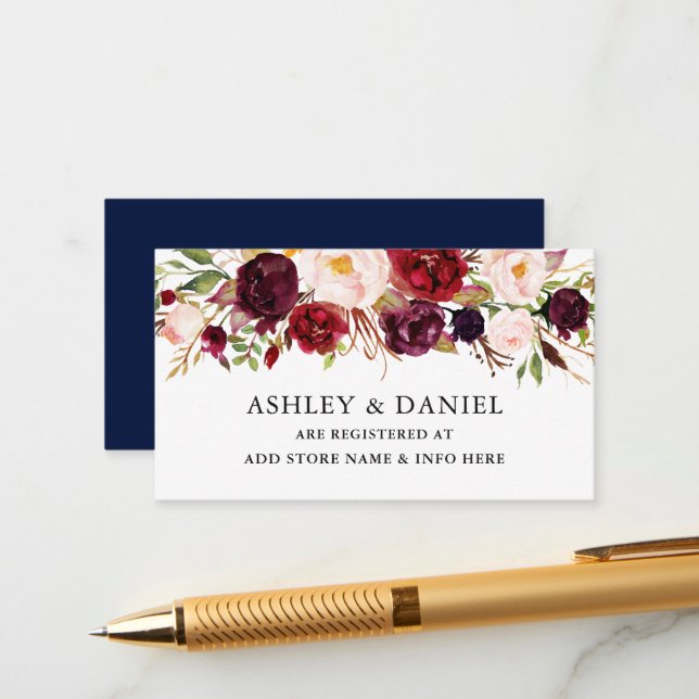 Elegant Watercolor Floral Burgundy Blue Registry Enclosure Card (Front/Back In Situ)