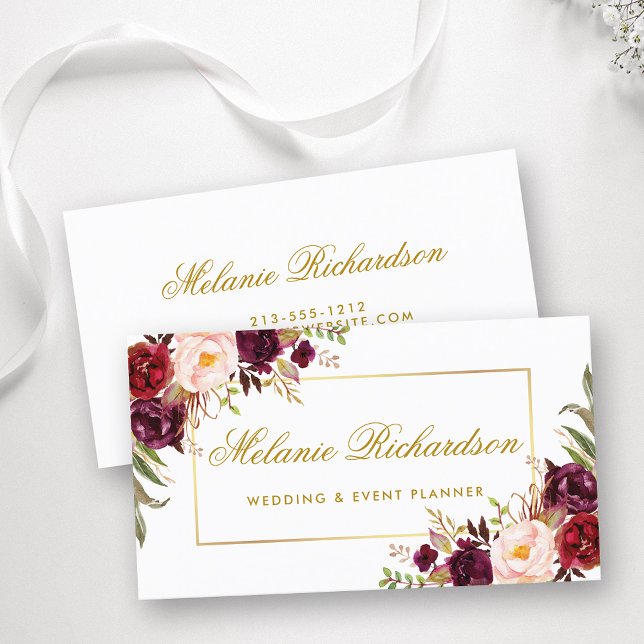 Elegant Watercolor Floral Burgundy Marsala Gold Business Card (Customize to change text size, color or text style.)