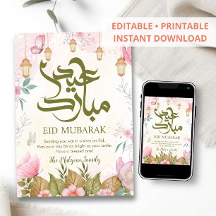 Elegant Watercolor Floral Butterflies Eid Mubarak Holiday Card