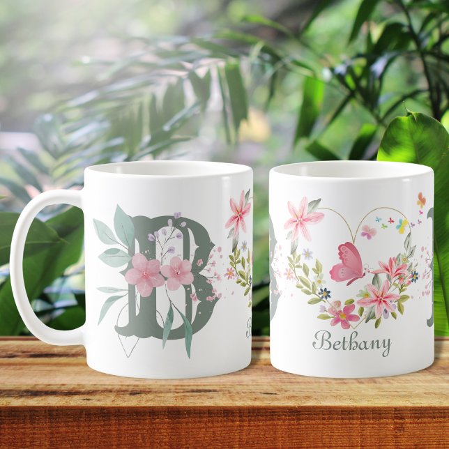 Elegant Watercolor Floral Butterfly Monogram B Coffee Mug (Creator Uploaded)