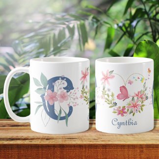 Elegant Watercolor Floral Butterfly Monogram C Coffee Mug