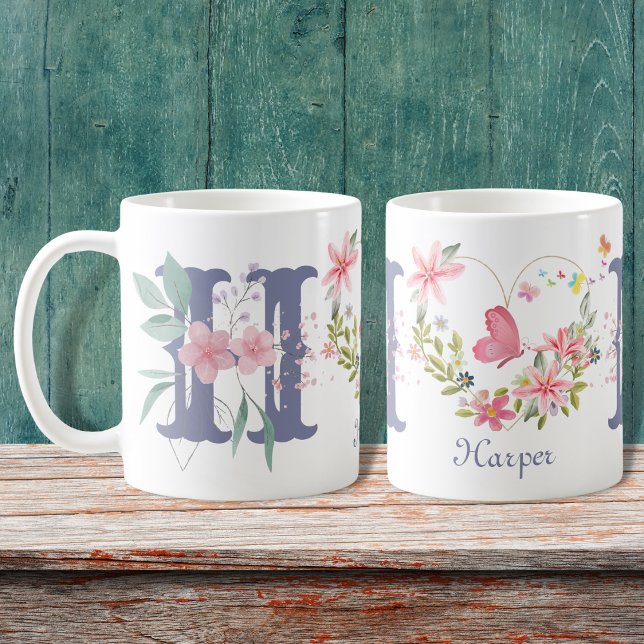 Elegant Watercolor Floral Butterfly Monogram H Coffee Mug (Creator Uploaded)