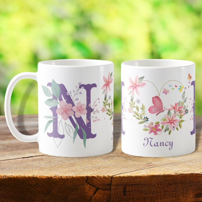 Elegant Watercolor Floral Butterfly Monogram N Coffee Mug (Creator Uploaded)