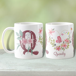 Elegant Watercolor Floral Butterfly Monogram Q Coffee Mug