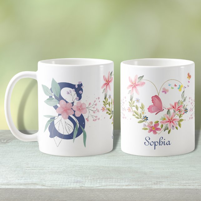 Elegant Watercolor Floral Butterfly Monogram S Coffee Mug (Creator Uploaded)