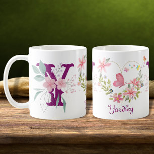Elegant Watercolor Floral Butterfly Monogram Y Coffee Mug