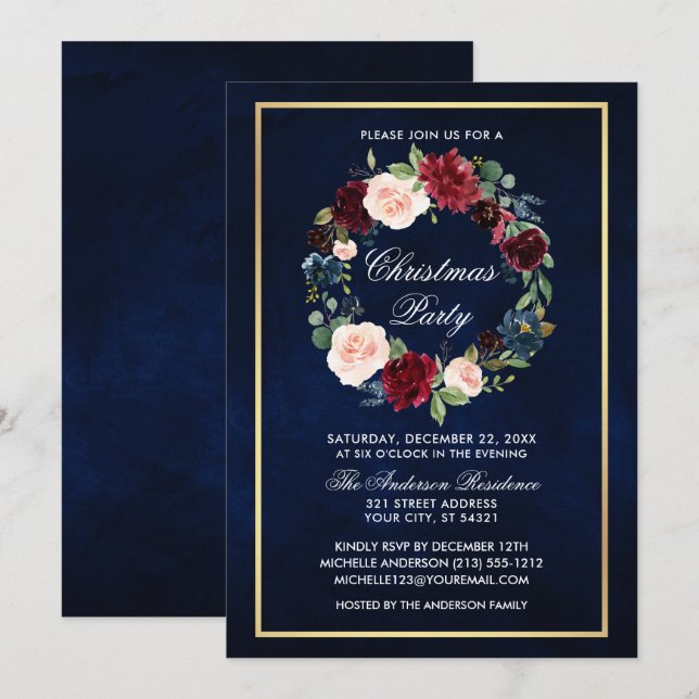 Elegant Watercolor Floral Christmas Party Gold Invitation (Front/Back)