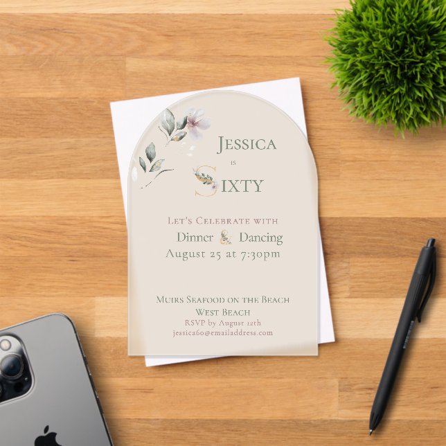 Elegant Watercolor Floral Cream 60th Birthday Acrylic Invitations (Insitu (Invitation Card))