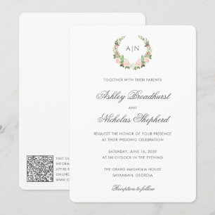 Elegant Watercolor Floral Crest QR Code Wedding Invitation