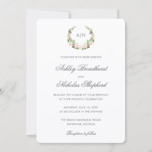 Elegant Watercolor Floral Crest Wedding Invitation