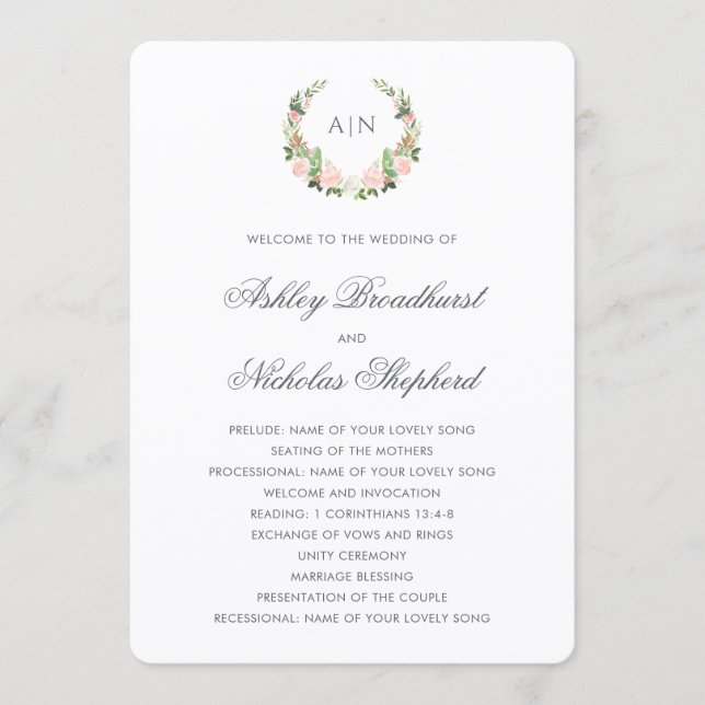Elegant Watercolor Floral Crest Wedding Programme (Front)