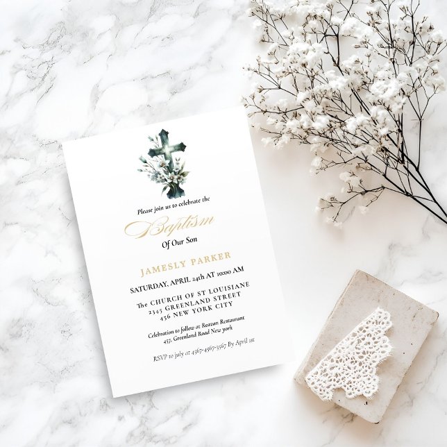 Elegant Watercolor  Floral Cross  Baptism Invitation (Creator Uploaded)