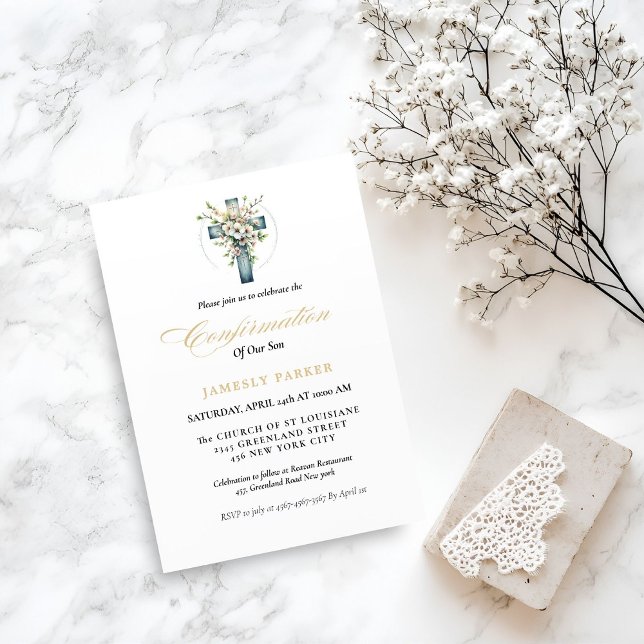 Elegant Watercolor  Floral Cross Confirmation Invitation (Creator Uploaded)