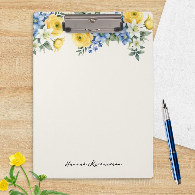 Elegant Watercolor Floral Custom Name Clipboard (A personalized clipboard with yellow, blue and white floral design and name in script typography)