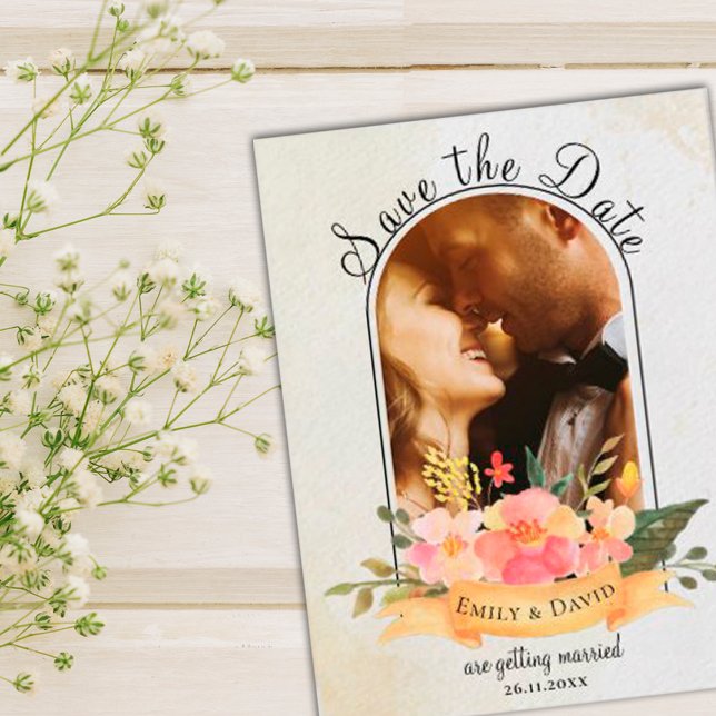 Elegant Watercolor Floral Cute Photo Wedding Announcement Postcard (Creator Uploaded)