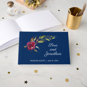 Elegant Watercolor Floral Dark Blue Wedding Guest Book