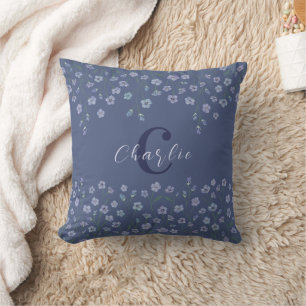 Elegant Watercolor Floral Dusty Blue Monogram Cushion