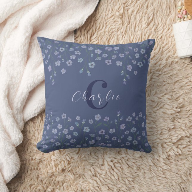 Elegant Watercolor Floral Dusty Blue Monogram Cushion (Blanket)