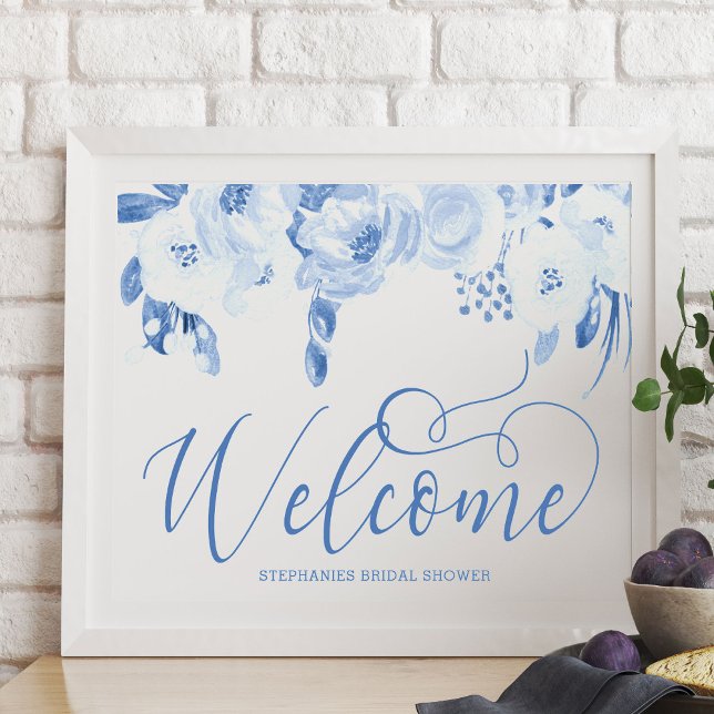 Elegant Watercolor Floral Dusty Blue Welcome Sign (Welcome Poster from my Dusty Blue Watercolor Floral Bridal Shower)