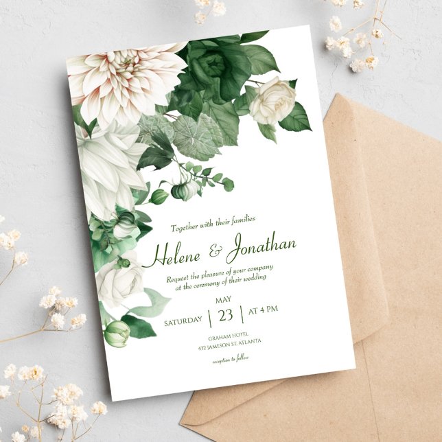 Elegant Watercolor Floral Emerald Green Wedding Invitation (Creator Uploaded)