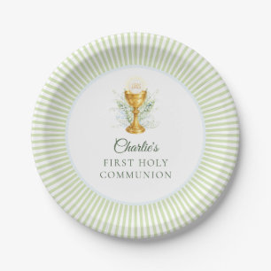 Elegant Watercolor Floral First Holy Communion Paper Plate