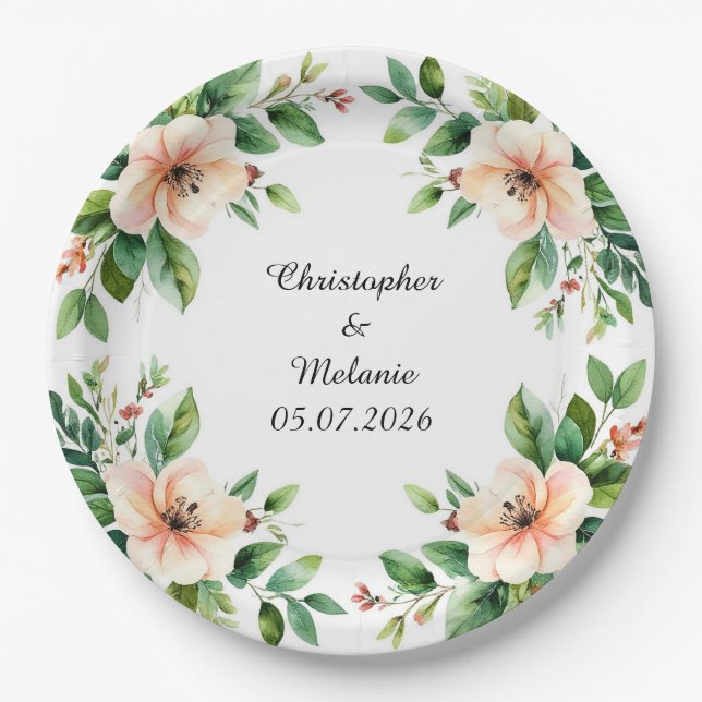 Elegant Watercolor Floral Frame  Paper Plate (Front)
