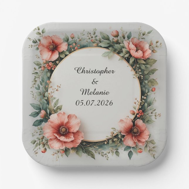 Elegant Watercolor Floral Frame Paper Plate (Front)