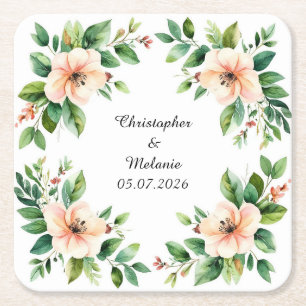 Elegant Watercolor Floral Frame Square Paper Coaster