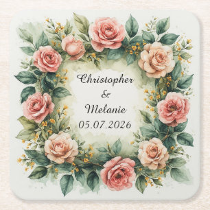 Elegant Watercolor Floral Frame  Square Paper Coaster
