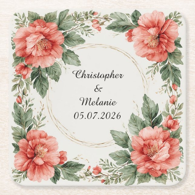 Elegant Watercolor Floral Frame Square Paper Coaster (Front)