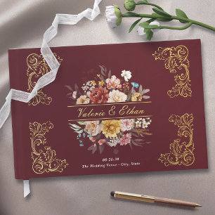 Elegant Watercolor Floral Garden Wedding Gold Guest Book