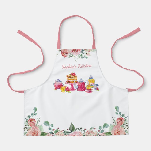 Elegant Watercolor Floral Girls Tea Part Apron (Front)