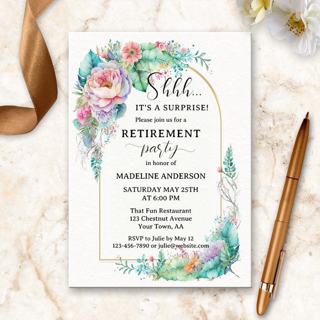Elegant Watercolor Floral Gold Retirement Invitation (Retirement party invitation featuring an elegant design with colorful watercolor flowers on gold)