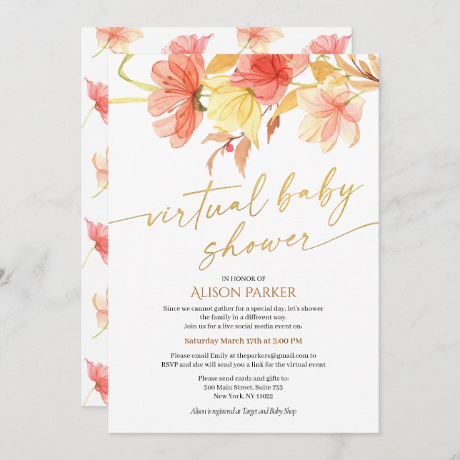 Elegant Watercolor Floral Gold Script Virtual Invitation (Front/Back)