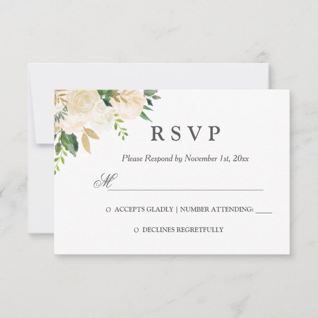 Elegant Watercolor Floral Gold Wedding RSVP (Front)