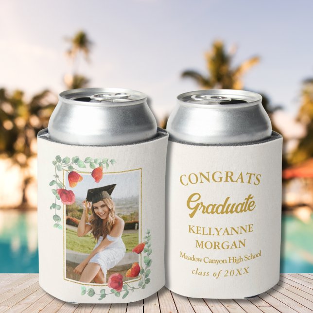 Elegant Watercolor Floral Graduation Pool Party Can Cooler (Elegant Watercolor Floral Graduation Pool Party Can Cooler)