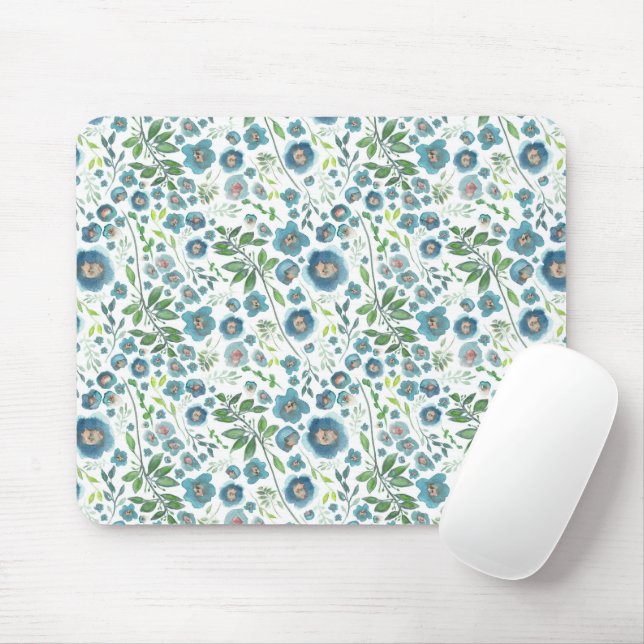 Elegant Watercolor Floral Greenery Blue Green Mouse Pad (With Mouse)