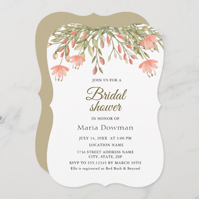 Elegant Watercolor Floral Greenery Bridal Shower Invitation (Front/Back)