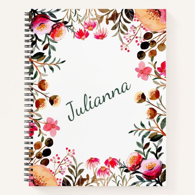 Elegant Watercolor Floral Greenery Personalised Notebook (Front)
