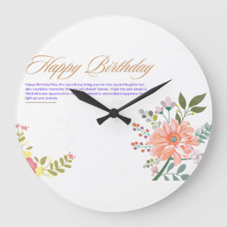 Elegant Watercolor Floral Happy Birthday Greeting Large Clock