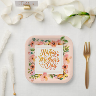 Elegant Watercolor Floral Happy Mother’s Day Paper Plate